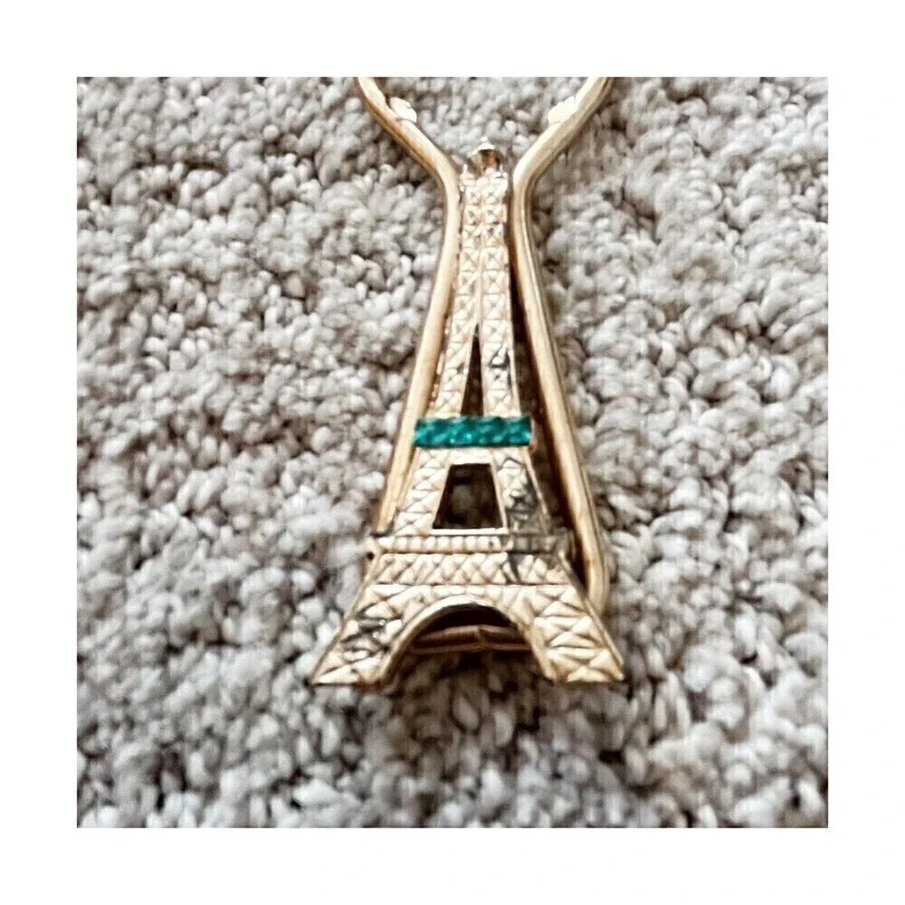 Vintage Eiffel Tower Bottle Opener Gold Green Gem Faux Emerald Paris France